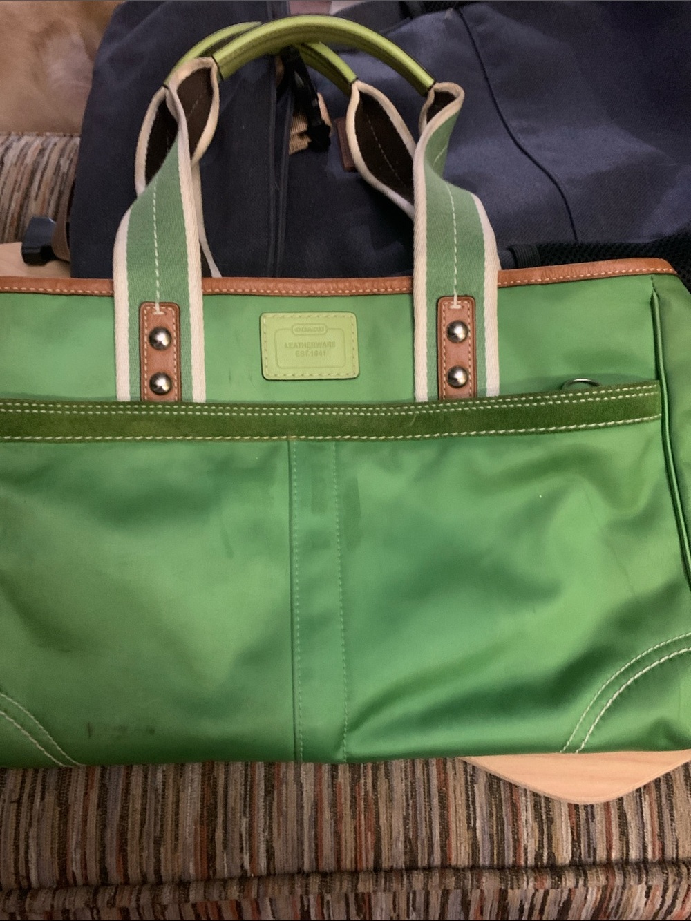 Coach Green Canvas Tote with Cream-Striped Web Handles and Brown Trim